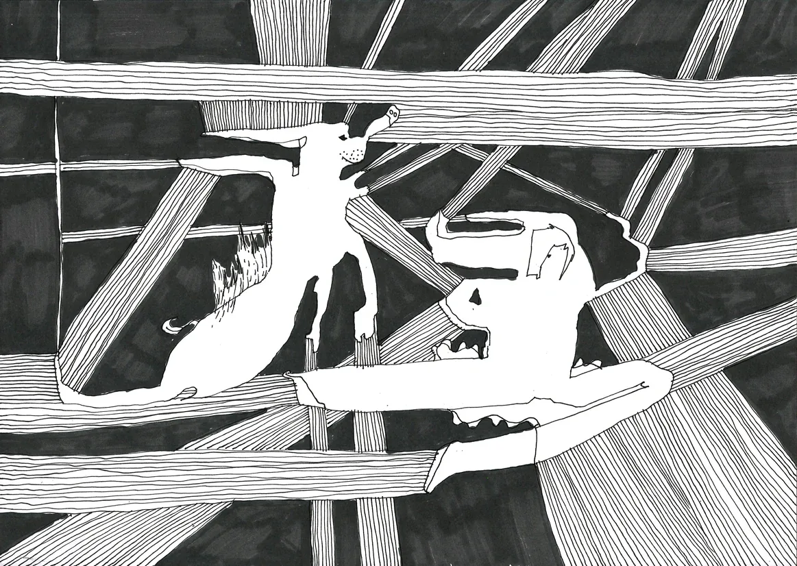 Gece koşan köpekler, mixed media on paper